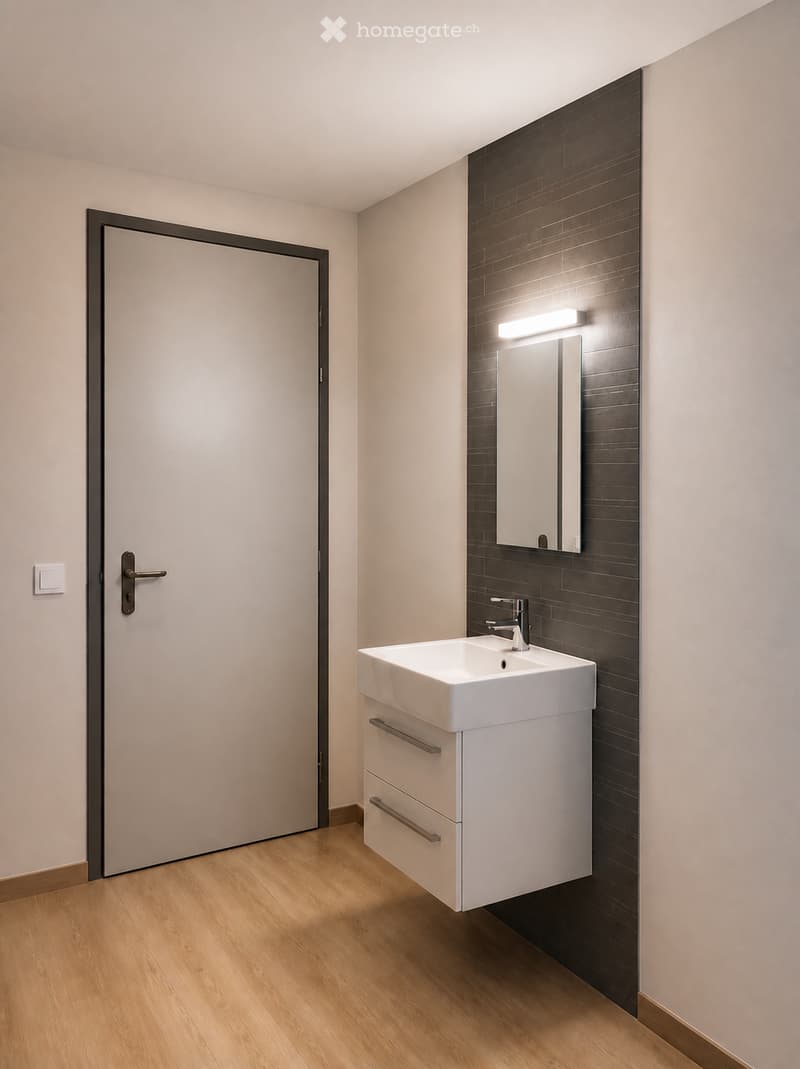 Modern bathroom with a white sink, chrome faucet, mirrored cabinet, and wooden flooring.