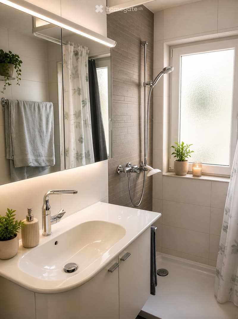 Modern bathroom with a white sink, chrome faucet, bathtub, showerhead, and a large mirror. Features include a grey towel, a plant on the windowsill, and a candle.