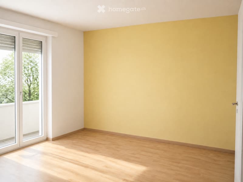 Empty room with light wooden flooring, white walls, and a large yellow accent wall. Features a sliding glass door leading to a balcony with outdoor view.