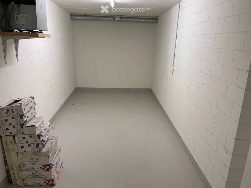 Empty room with white brick walls, concrete floor, and a small wooden shelf holding a television and some boxes.