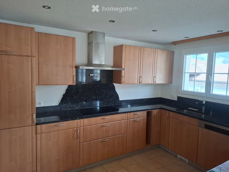 Modern kitchen with light wooden cabinets, granite countertops, stainless steel appliances, and a large window offering a view of the roof.