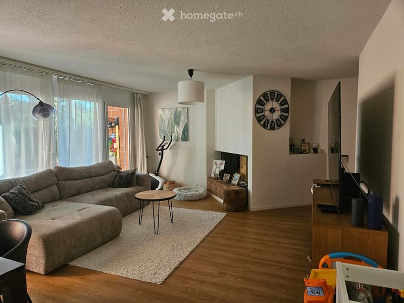 Modern living room with a grey sectional sofa, coffee table, floor lamp, TV, and decorative items.