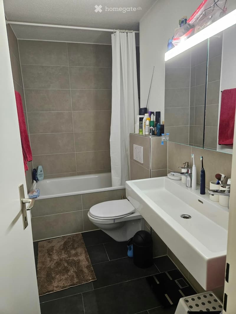 Modern bathroom with a white toilet, double sink, bathtub, and mirror. Includes a towel, trash can, and various toiletries on the sink counter.