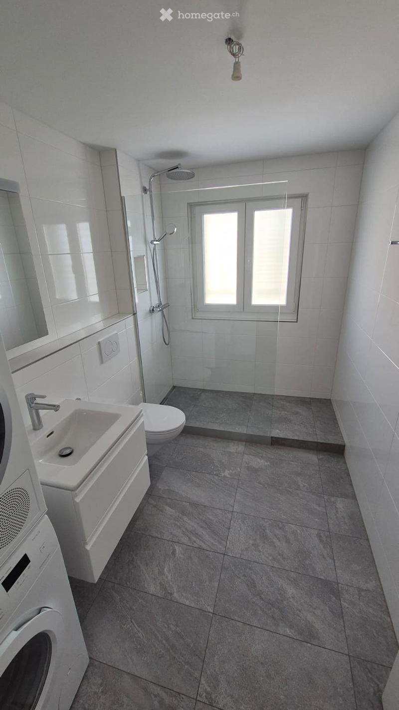 Modern bathroom with white tiles, a glass-enclosed shower, a sink with a modern faucet, a toilet, and a washing machine. The space is bright with a window providing natural light.