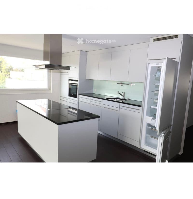 Modern kitchen with white cabinets, black countertops, stainless steel appliances, and an island with a black countertop.