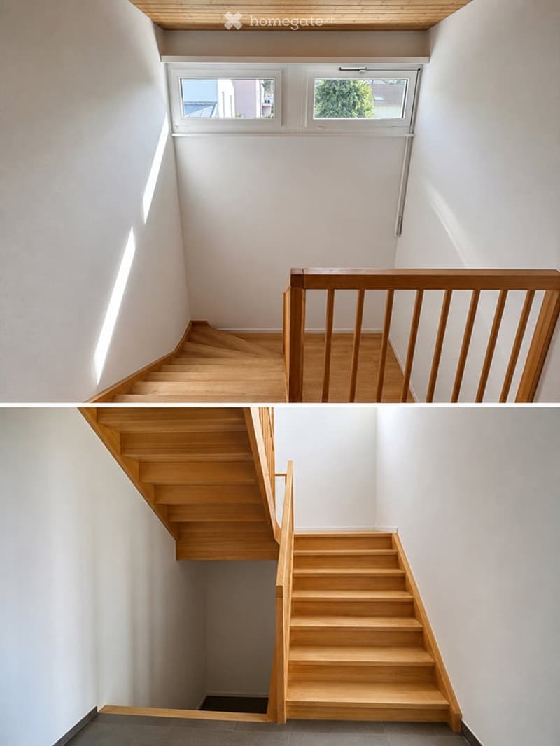 Two images showing a modern wooden staircase with white walls and a skylight window above, leading to an upper level.