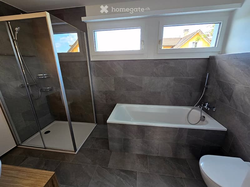 Modern bathroom with a bathtub, toilet, and a glass-enclosed shower. Dark grey tiles on walls and floor, with two windows providing natural light.