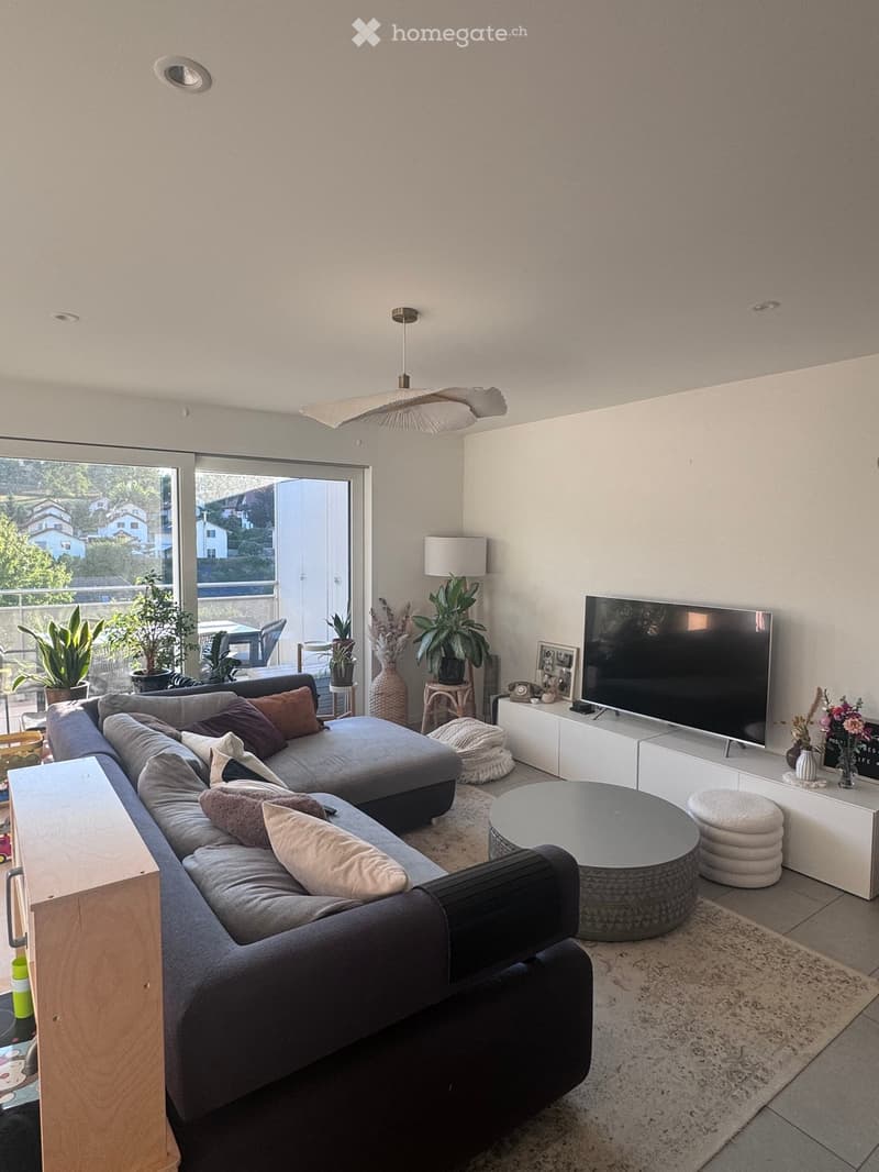 Modern living room with a grey sectional sofa, coffee table, TV, and potted plants. Large windows offer a view of the outdoor area.