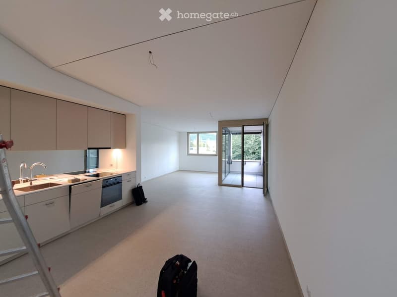 Modern kitchen with white cabinets, stainless steel sink, and built-in oven. Open space with large windows and sliding glass doors leading to a balcony.