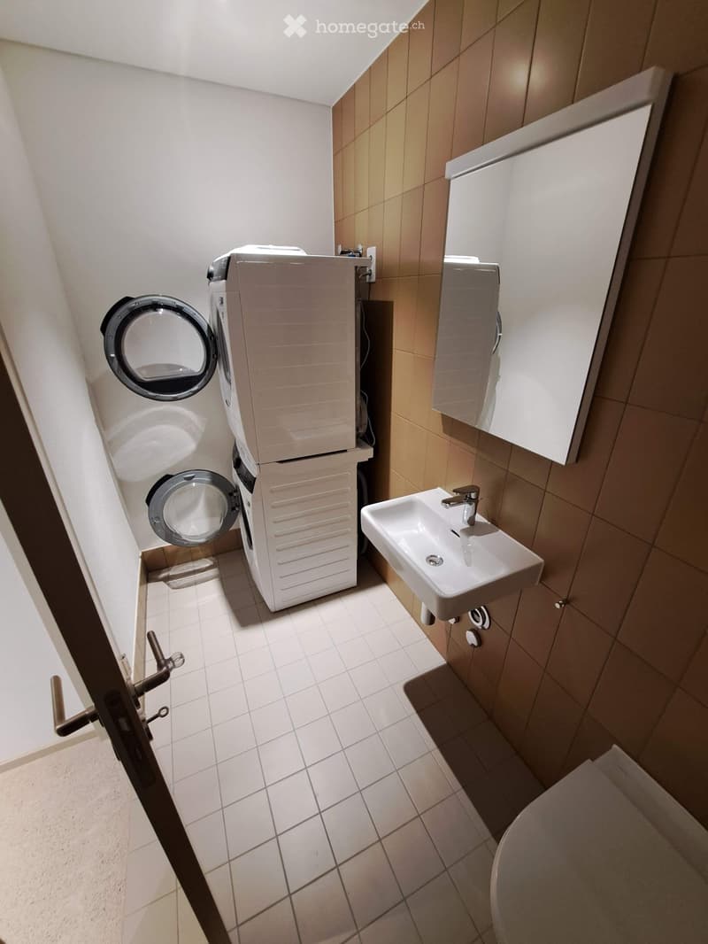Modern bathroom with a white sink, mirror, and a compact washing machine unit. The space features tiled walls and floor, with a door visible on the left side.