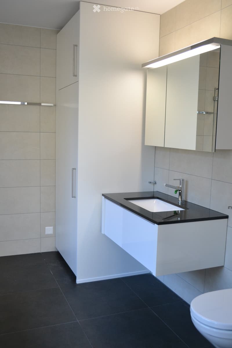 Modern bathroom with white cabinets, black countertop, sink, mirror, and toilet. Features sleek design with dark tiled floor and walls.
