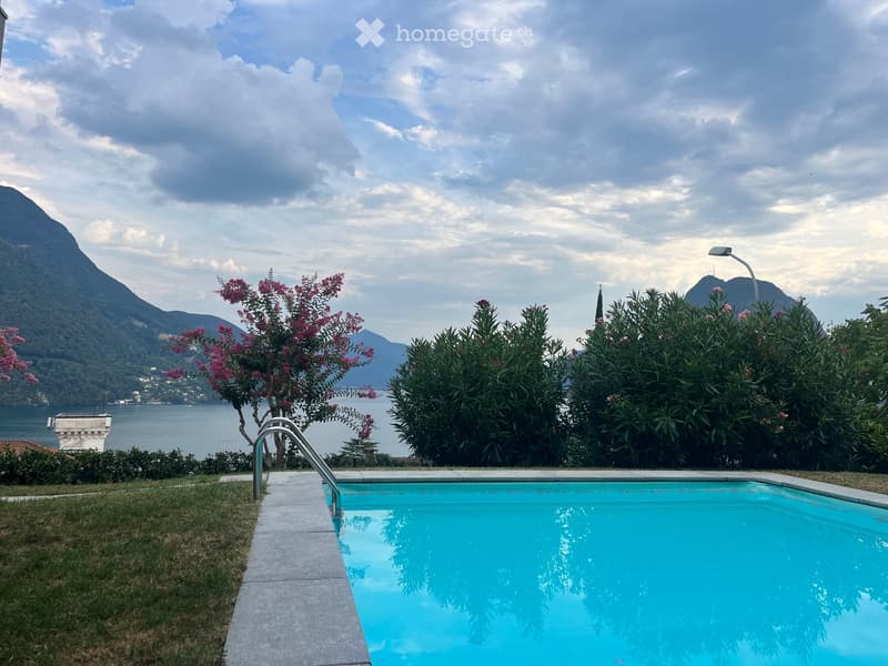 A swimming pool surrounded by greenery, with a scenic view of a lake and mountains in the background.
