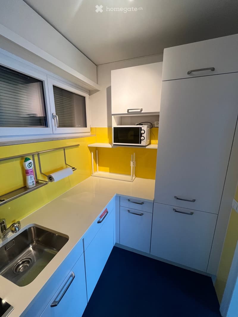 Modern kitchen with white and blue cabinets, a stainless steel sink, a microwave, and a bottle of cleaning spray on the counter.