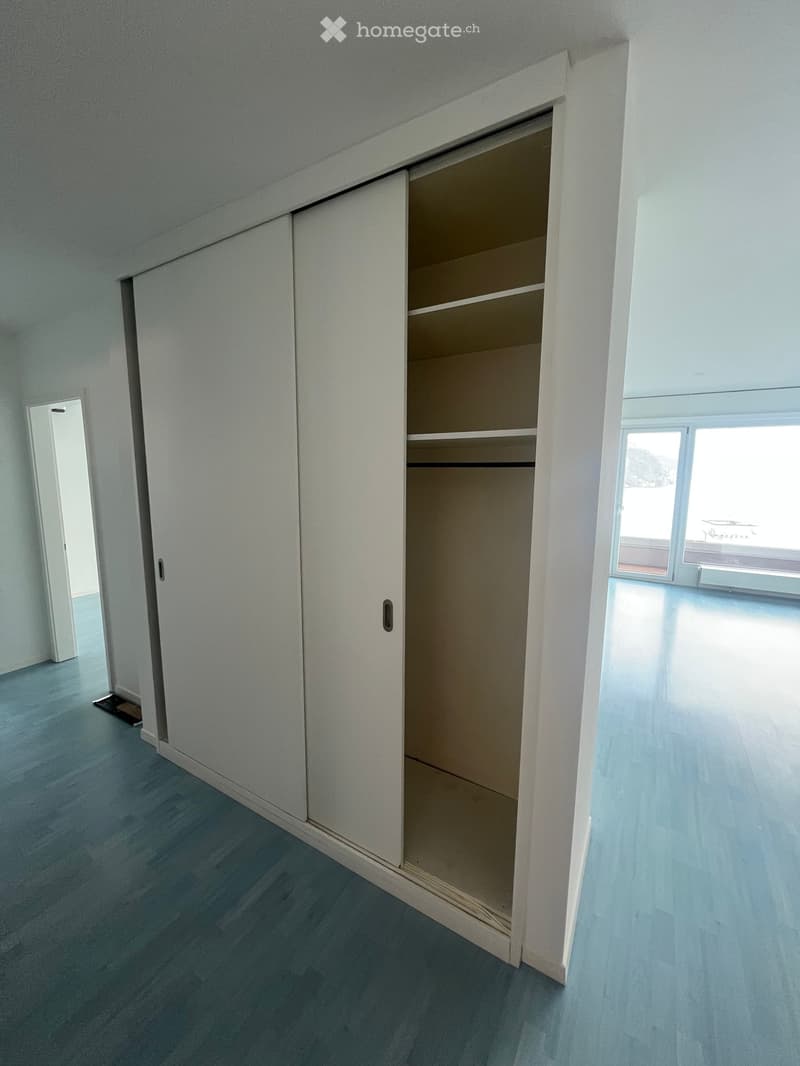 Empty room with light blue walls, light blue flooring, and a large built-in closet with open shelves.