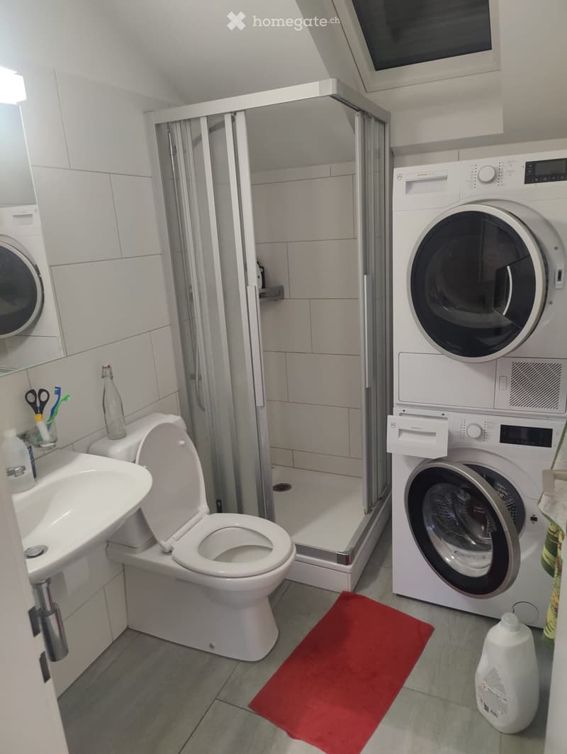 Modern bathroom with a toilet, sink, shower, and washing machine. Includes a toothbrush holder, bottle, scissors, and laundry detergent on the floor.