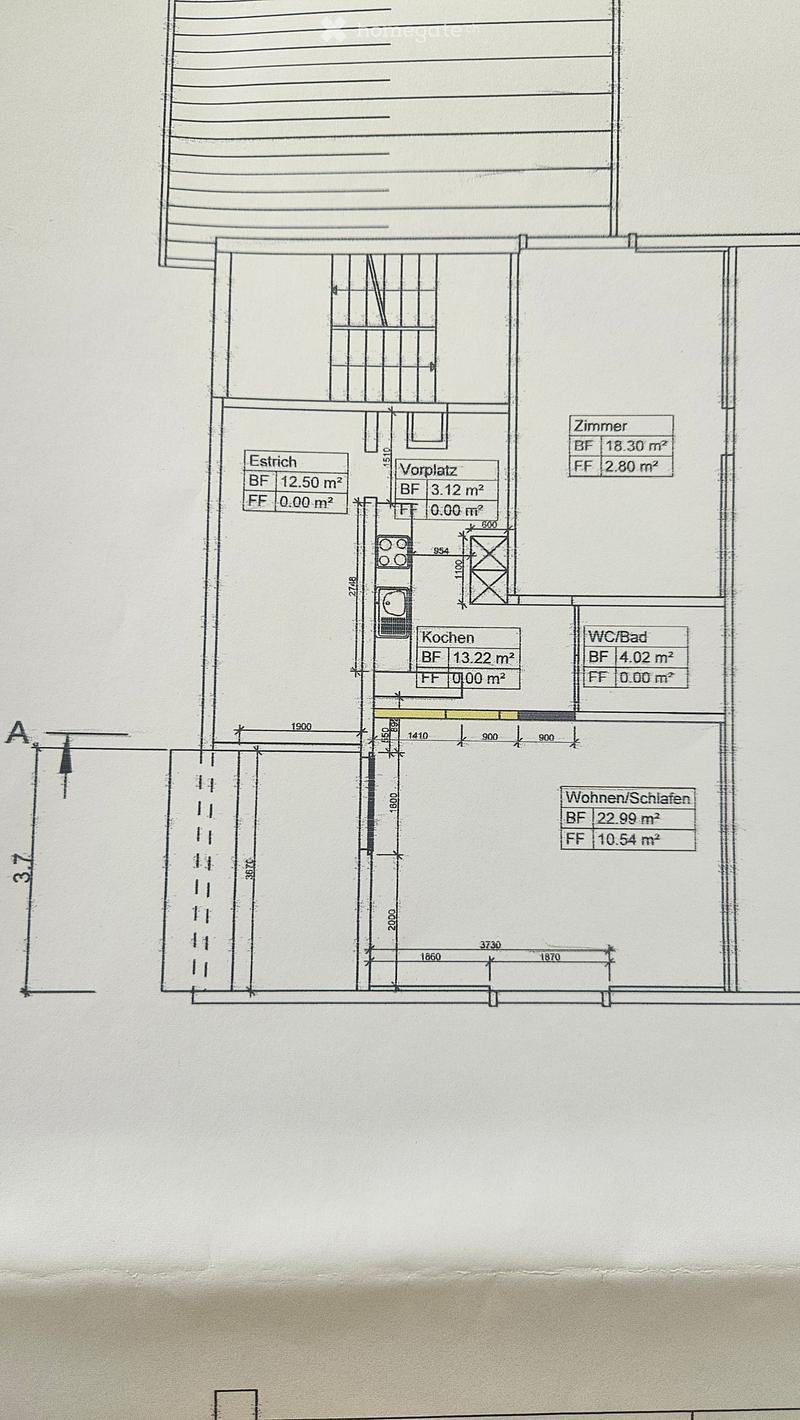 Floor plan showing a layout with labeled rooms including a kitchen, living/sleeping area, bathroom, hallway, and entrance area with dimensions.