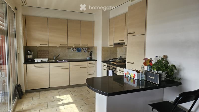 Modern kitchen with light wood cabinets, black countertops, and stainless steel appliances. Features a central island with a black countertop, a sink, and a stove. Includes a chair, a plant, and various kitchen items on the counter.