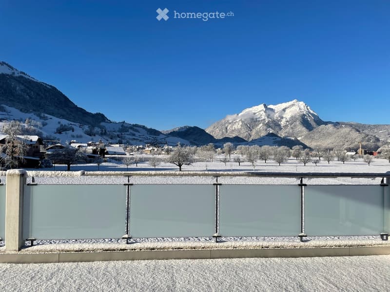 Snow-covered balcony with a glass railing, overlooking a snowy landscape and mountains.