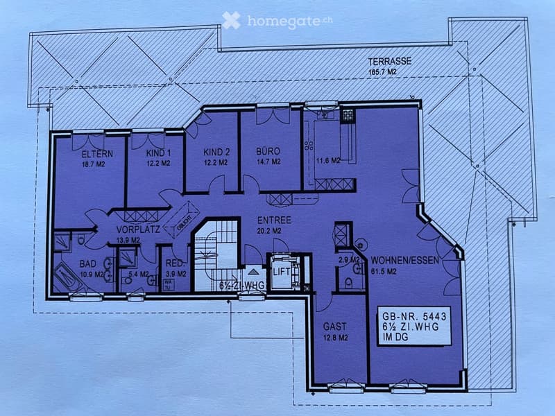 Floor plan of a 6.5-room apartment with living/dining area, kitchen, three bedrooms, bathroom, hallway, and terrace.