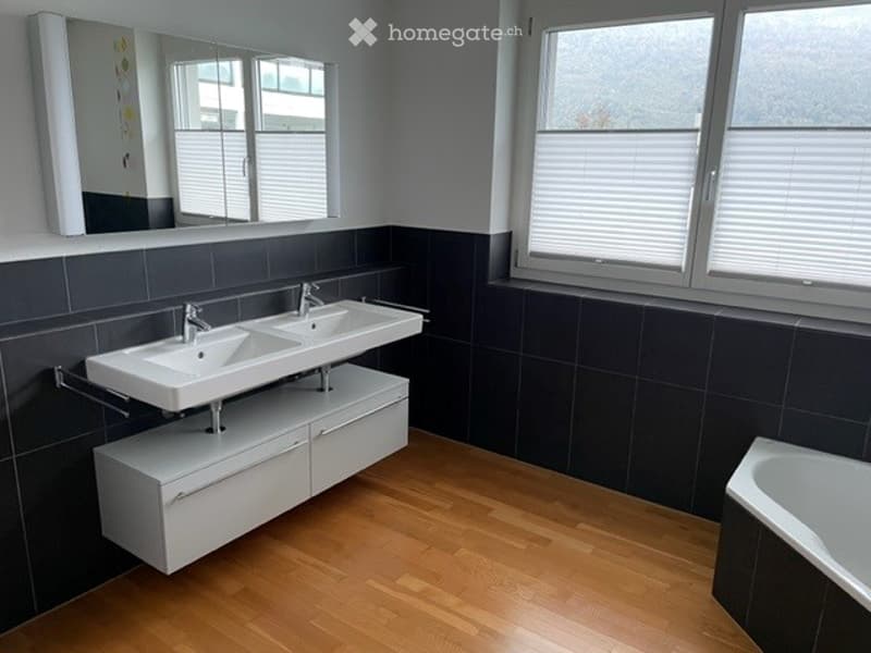Modern bathroom with double sink vanity, large mirror, and bathtub. Dark tiled walls and light wooden flooring.
