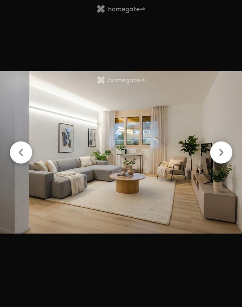 Modern living room with a grey sectional sofa, wooden coffee table, armchair, TV stand, and decorative plants.