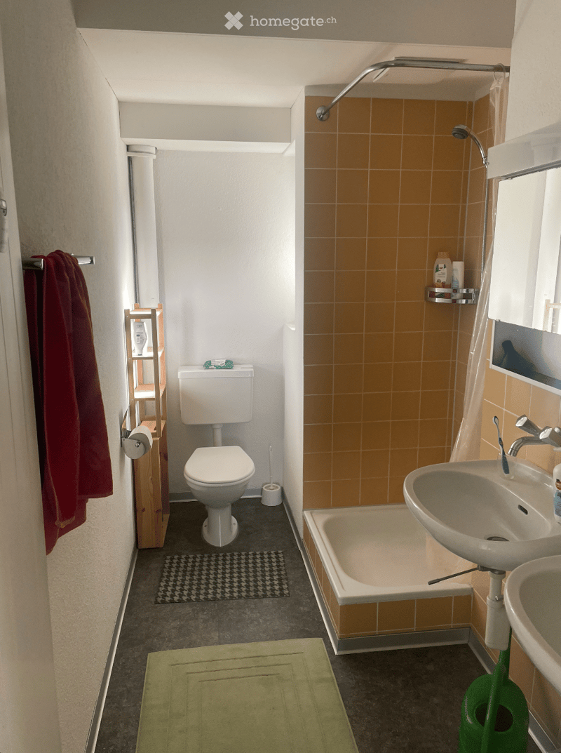 A compact bathroom with a toilet, bathtub, sink, and a small shelf. The walls are tiled in a warm orange color, and the floor is dark grey with a green bath mat. A towel hangs on the left side, and a toothbrush and toothpaste are visible on the sink.