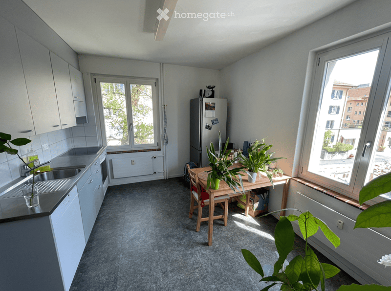 Modern kitchen with white cabinets, stainless steel sink, refrigerator, small wooden table with chairs, and potted plants. Large windows provide natural light.