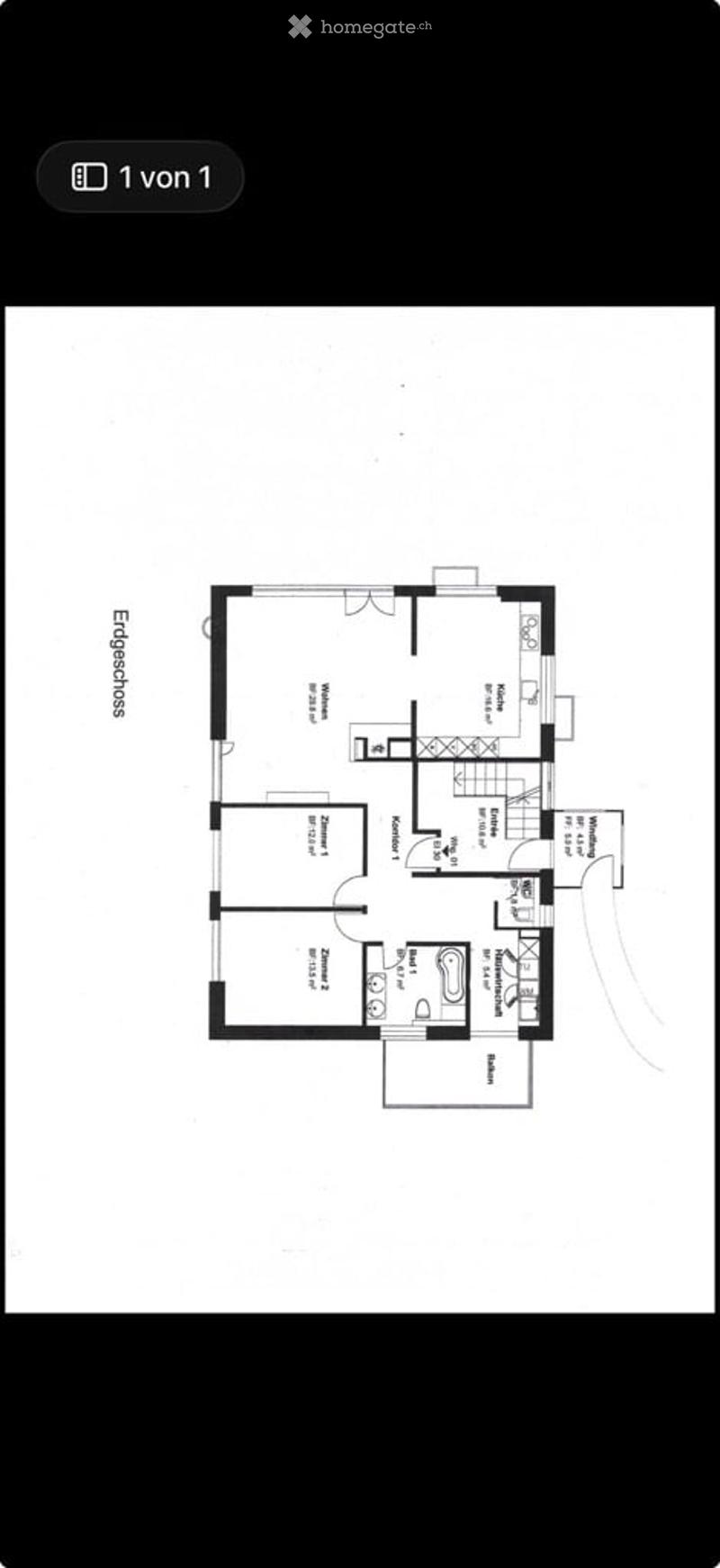 Floor plan of a ground floor showing a living room, dining room, kitchen, two bedrooms, and a bathroom.