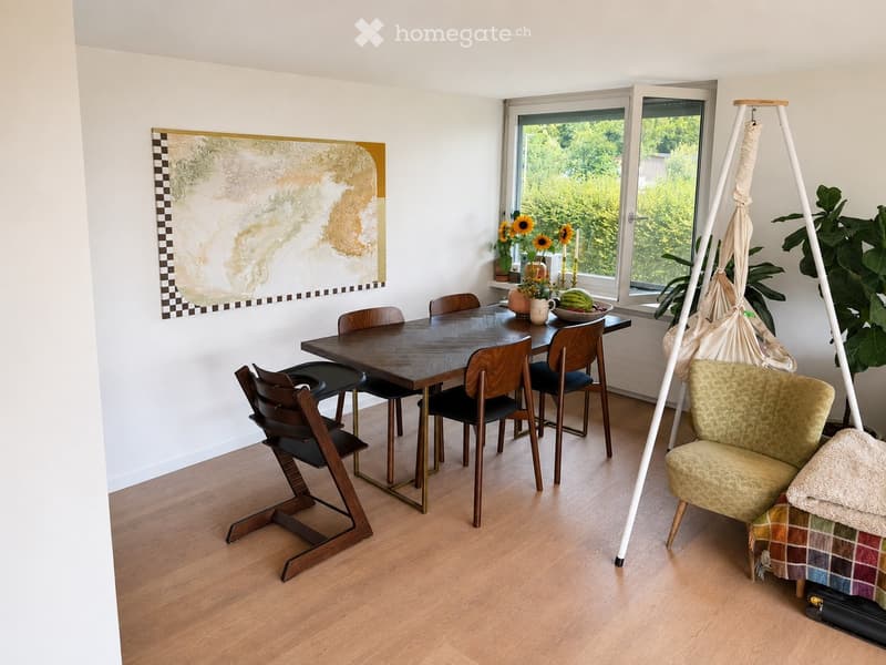 Dining room with a wooden dining table, six chairs, a baby chair, a hanging chair, a sofa, and a large picture on the wall. There are vases and a bowl on the table, and a hanging basket with plants near the window.
