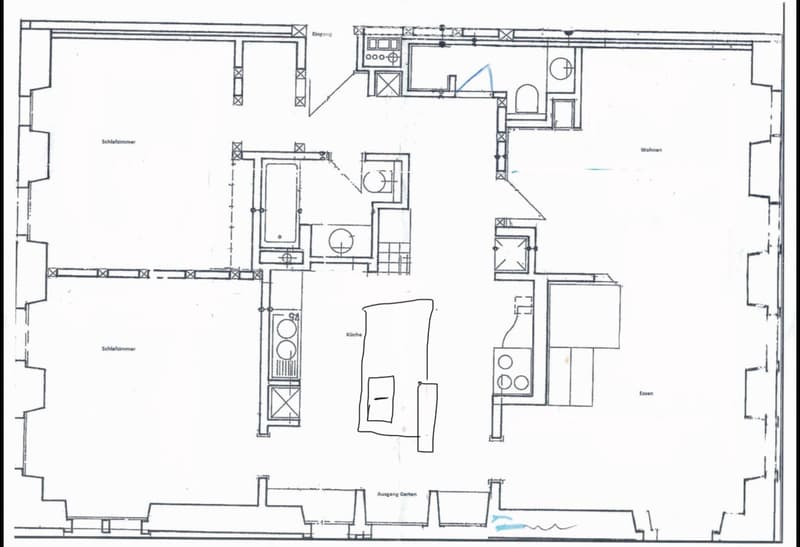 Floor plan of a house with labeled rooms including entrance, living area, dining area, kitchen, bedrooms, and garden access.