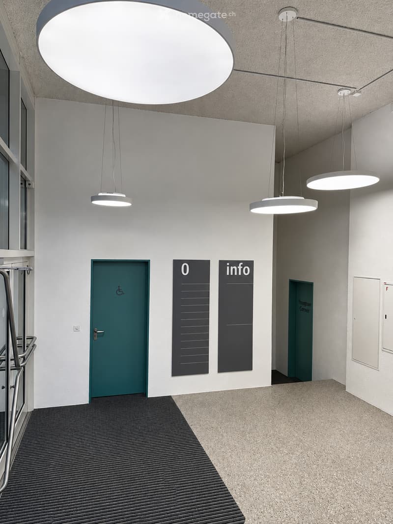Modern hallway with white walls, grey carpet, and several hanging lights. Features a teal door with a wheelchair symbol, two black panels labeled '0' and 'info', and a secondary teal door labeled 'Vroomplom Center'.