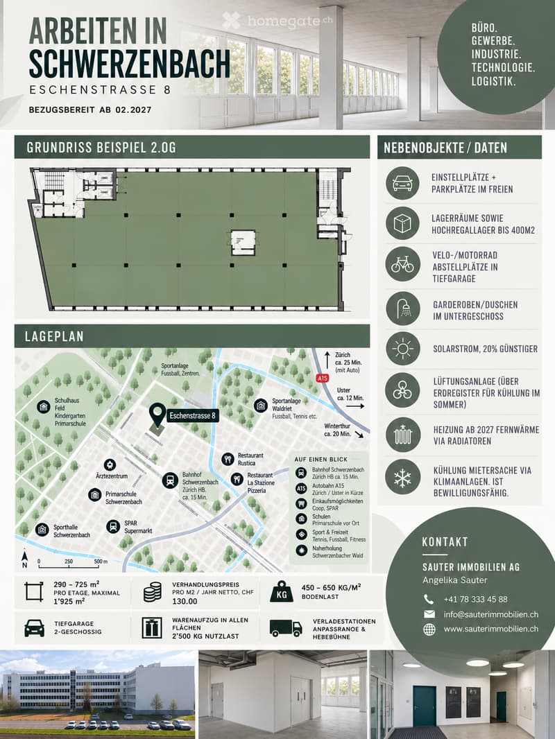 Floor plan and location map for a commercial property in Schwerzenbach, showing layout, parking, storage, and nearby amenities.