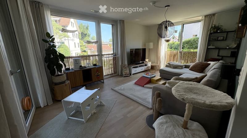 Modern living room with large windows and a balcony, featuring a grey sofa, coffee table, cat tree, and decorative plants.