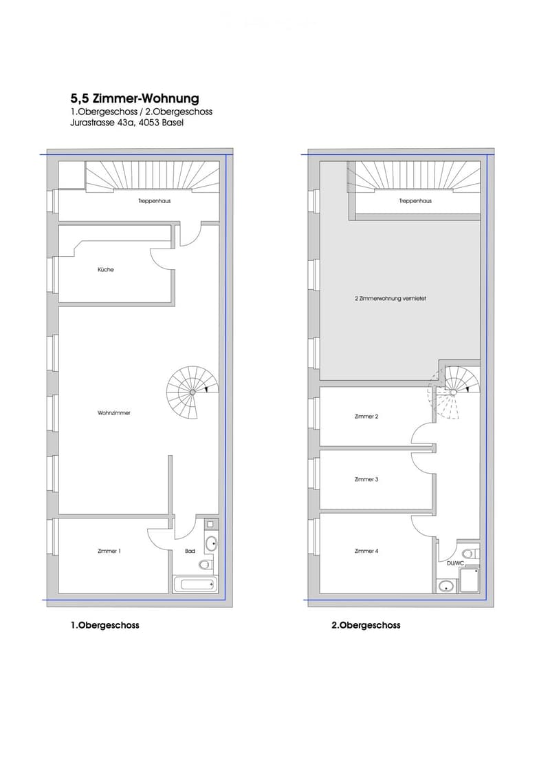Floor plan of a 5.5-room apartment on two upper floors, including kitchen, living room, bedrooms, bathrooms, and staircase.