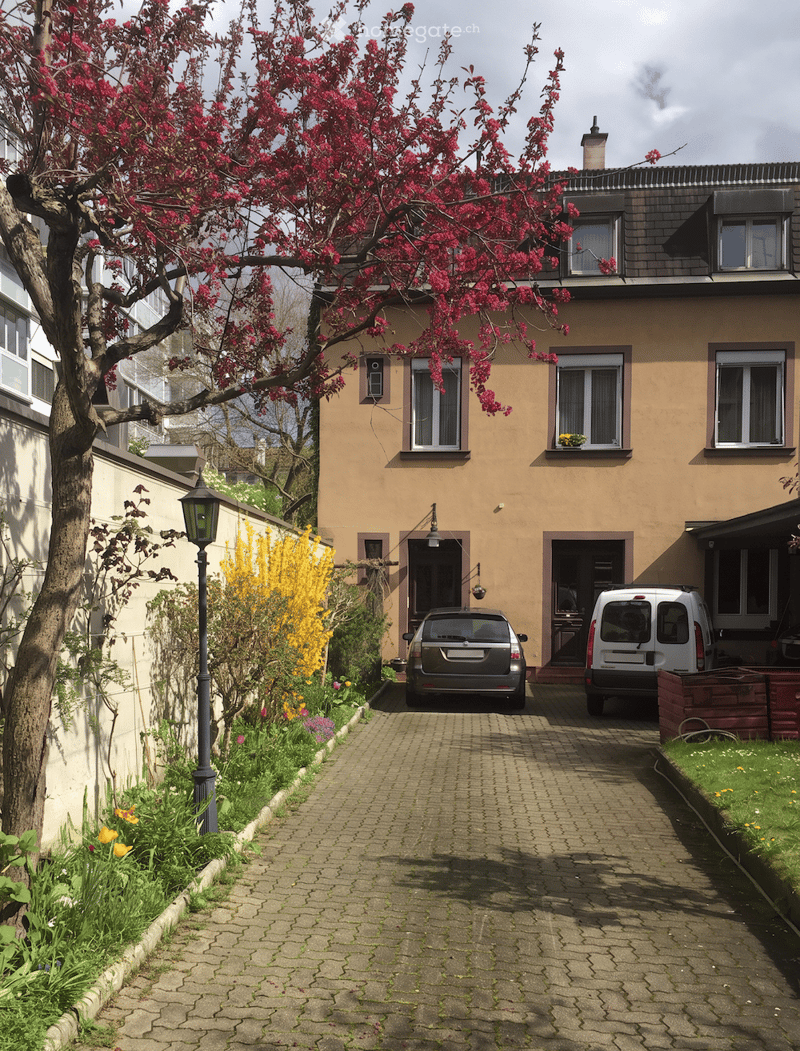 Two-story house with beige facade, multiple windows, and a chimney. A driveway leads to a parked car and van, surrounded by blooming trees and garden plants.