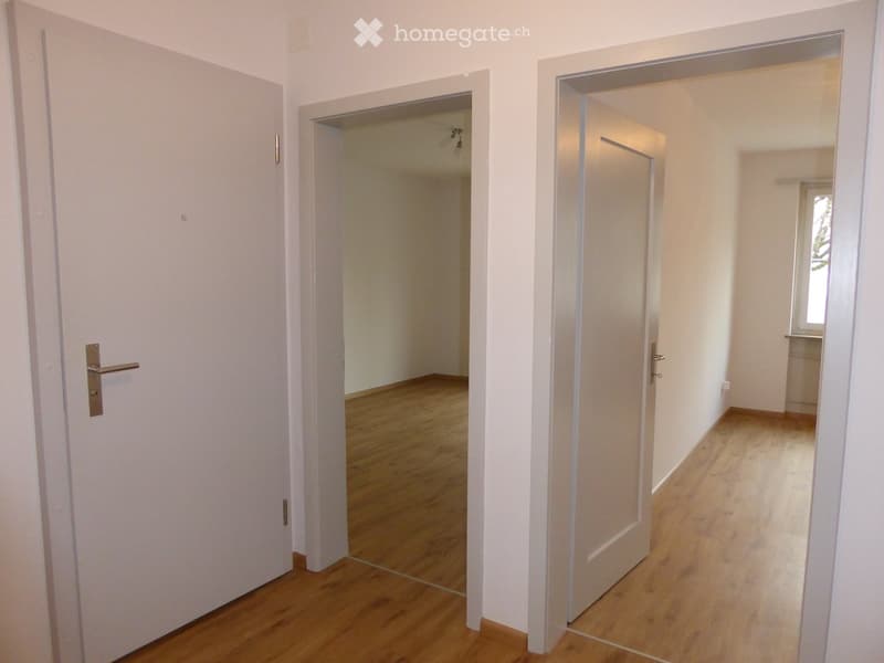 Empty hallway with wooden flooring, white walls, and multiple doors leading to other rooms.