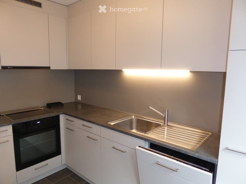 Modern kitchen with white cabinets, stainless steel sink, and built-in oven. Features a sleek countertop and under-cabinet lighting.