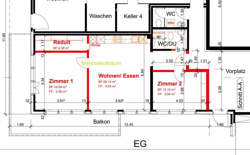 Floor plan of a ground floor (EG) showing rooms including Wohnzimmer/Essen (living/dining), Zimmer 1 and2 (bedroom), Mehrzweckraum (multi-purpose room), Reduit (hallway), Boiler, WC/DU (toilet/shower), WC, WM (washing machine), Waschen (laundry), Keller4