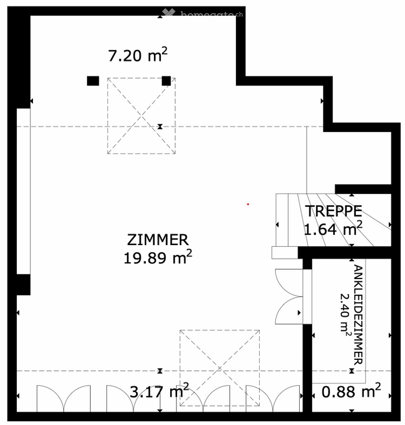 Floor plan showing a room labeled "ZIMMER" (19.89 m²), a smaller room labeled "TREPPE" (1.64 m²), and an area labeled "ANKLEDEZIMMER" (2.40 m²). Additional dimensions include 7.20 m², 3.17 m², and 0.88 m².