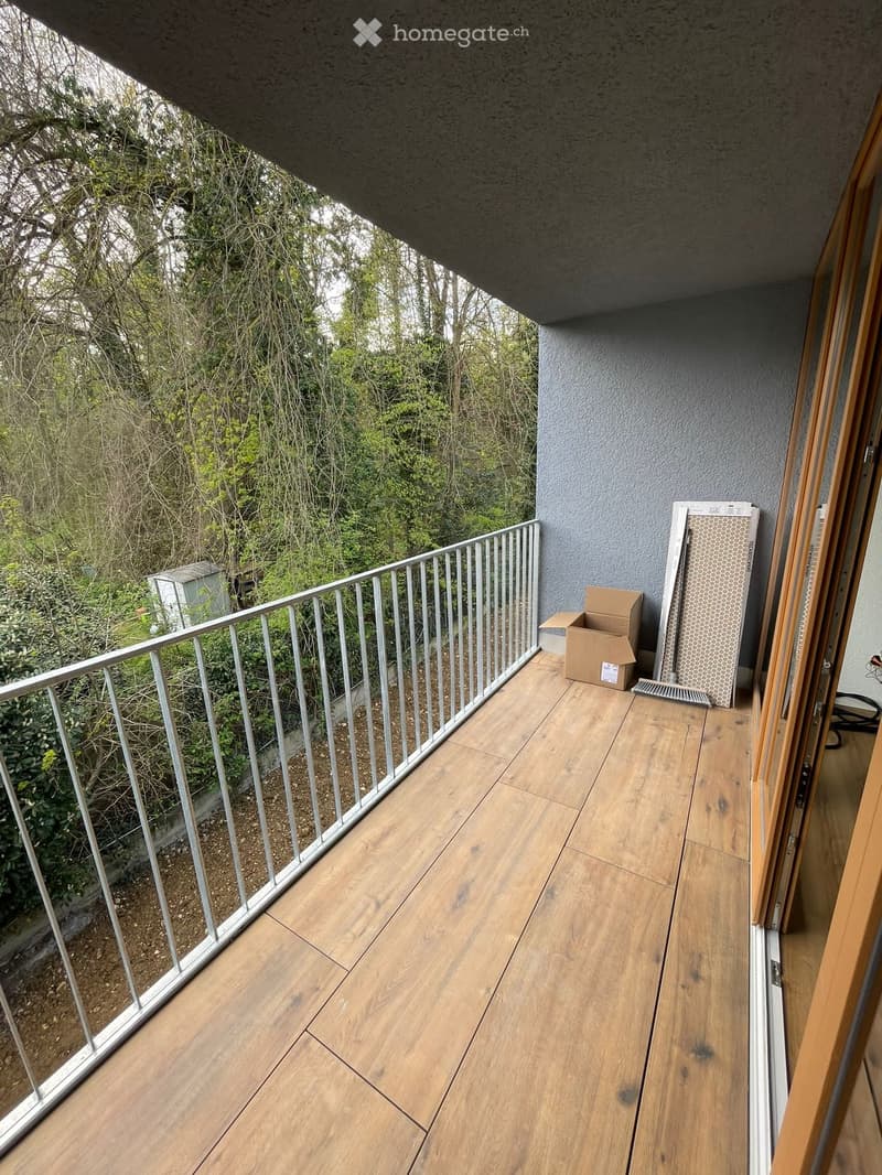 Balcony with wooden decking, metal railing, and a view of greenery. There are some boxes and a broom on the floor.