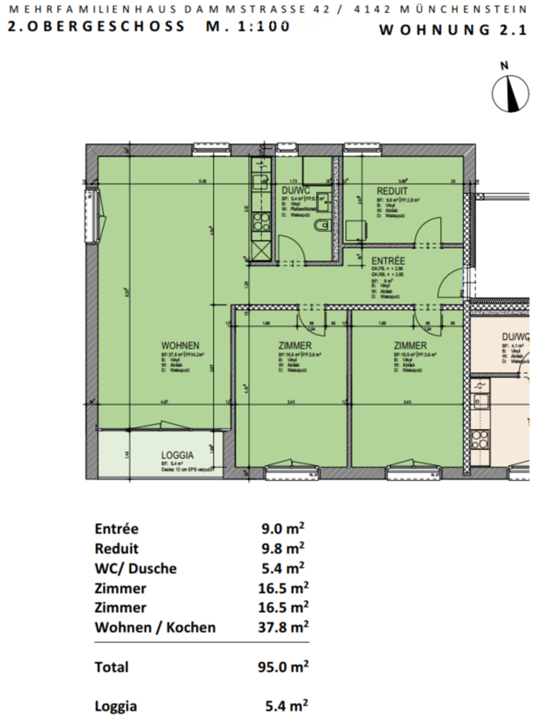 Floor plan of a 95.0 m² apartment on the second floor, featuring an entrance, two bedrooms, a living/kitchen area, a bathroom, and a loggia.