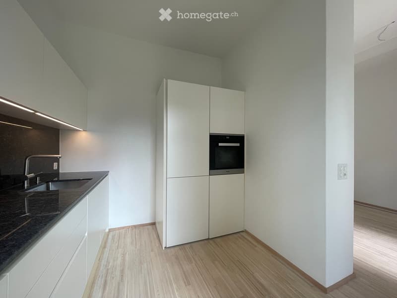 Modern kitchen with white cabinets, dark countertop, and built-in oven. Features a sleek design with wooden flooring and integrated lighting.