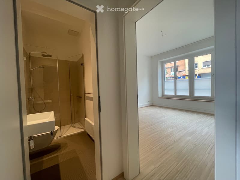 Empty room with wooden flooring, large windows, and a separate shower area with a glass enclosure and a sink.