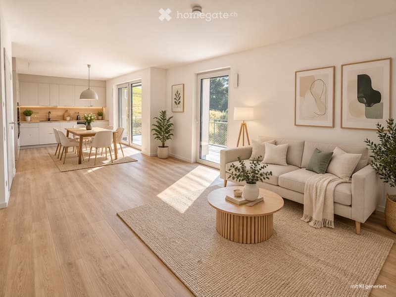 Open-plan living and dining area with light wood flooring, white walls, and large windows. Features a beige sofa with throw pillows, a round wooden coffee table, a dining table with chairs, and a modern kitchen area with white cabinets and a pendant light