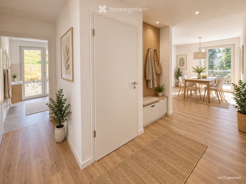 Bright hallway with wooden flooring, white walls, and a large open door leading to a dining area. Features include a potted plant, a bench with storage, and a coat rack with hanging items.