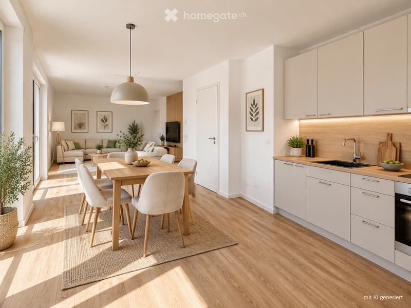 Open-plan living and dining area with a modern kitchen. Features a light wood dining table with four chairs, a white sofa, pendant light, and kitchen cabinets with integrated appliances.