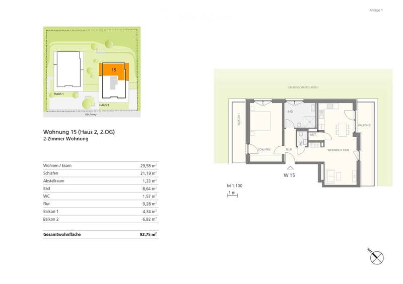 Floor plan of a 2-room apartment on the2nd floor of House 2, including living/dining area, bedroom, bathroom, WC, hallway, and two balconies.