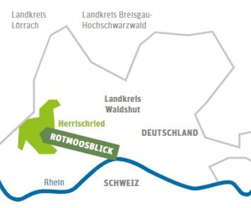 Map showing the location of Rottmoosblick within Germany, specifically in the Waldshut district, near the Swiss border and the Rhine river.