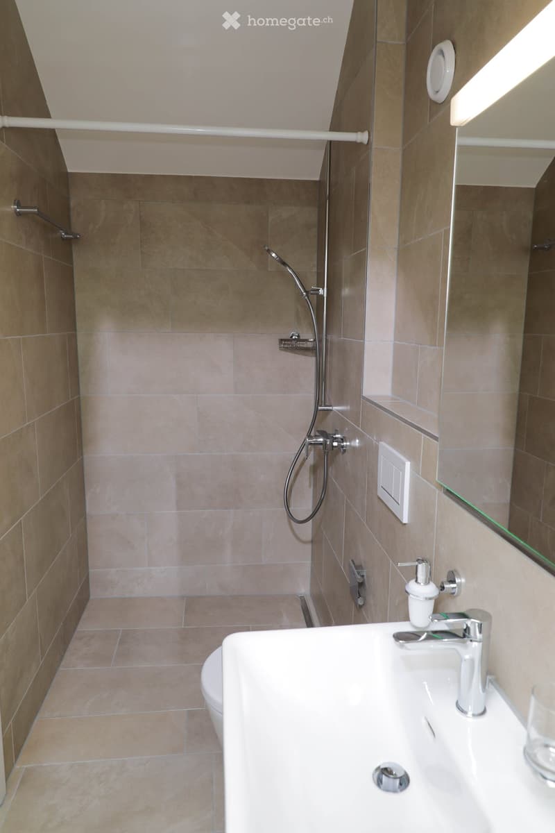 Modern bathroom with beige tiles, a white sink with a modern faucet, a toilet, a shower with a handheld sprayer, and a large mirror above the sink.