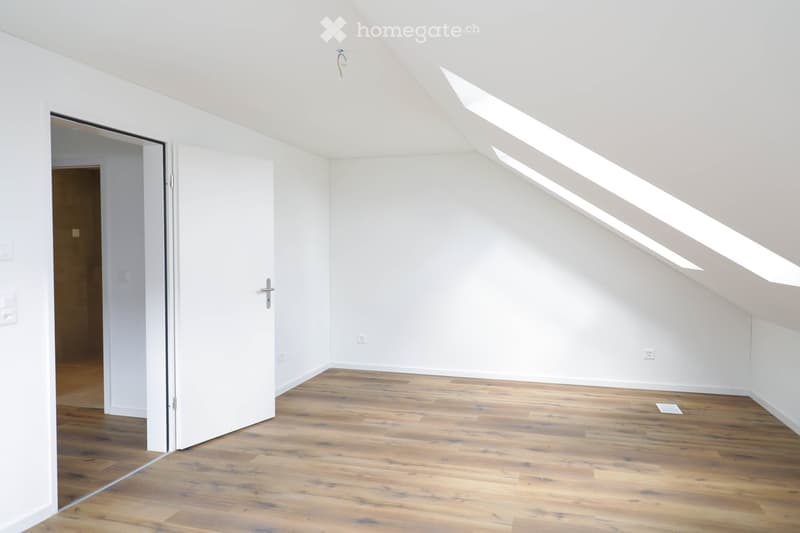 Empty attic room with wooden flooring, white walls, and skylight windows allowing natural light. No furniture or equipment present.